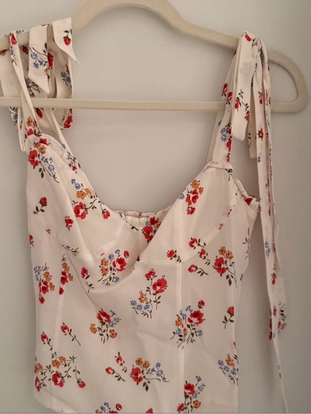 Reformation Cream Floral Tie-Shoulder Cami with Red & Yellow Blooms
